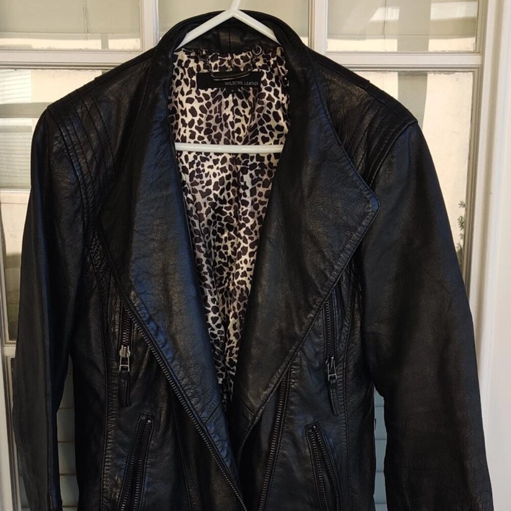 Wilsons Vintage Black Leather Jacket Womens Small Biker's Leopard Print Lining